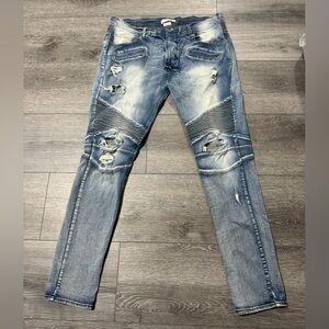 faded distressed torn ripped blue jeans 38 pants washed slim straight